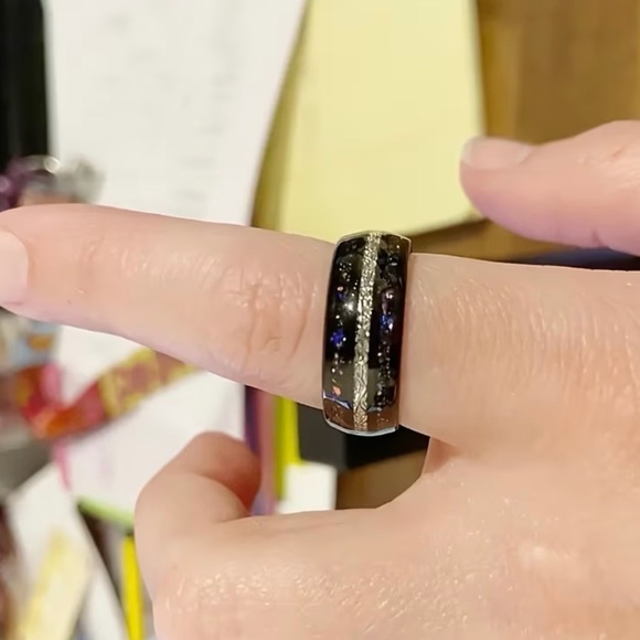 Black Gunmetal Plated Stainless Steel Ring Galaxy Sky Stars Inlay Silver Accent - Picture 9 of 16